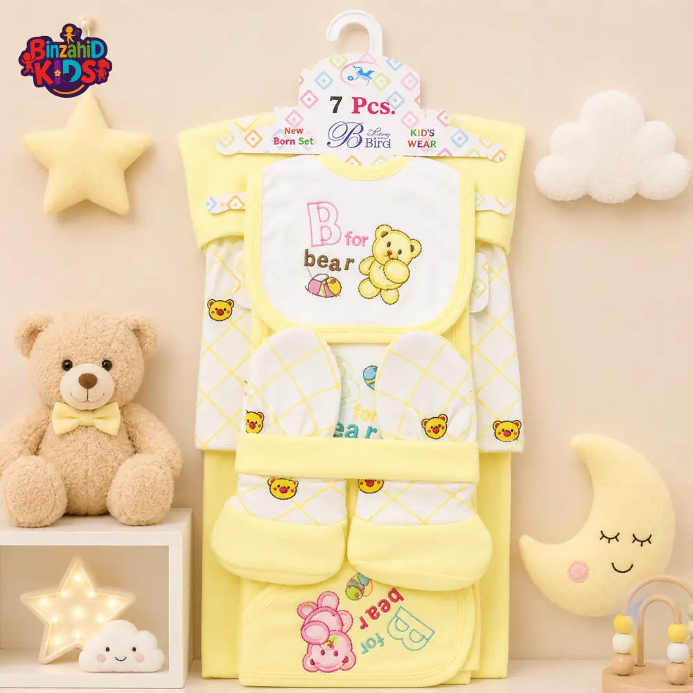 BLUE BIRD 7 PCS NEWBORN BABY GIFT SET – BEAR EMBROIDERED DESIGN (YELLOW)