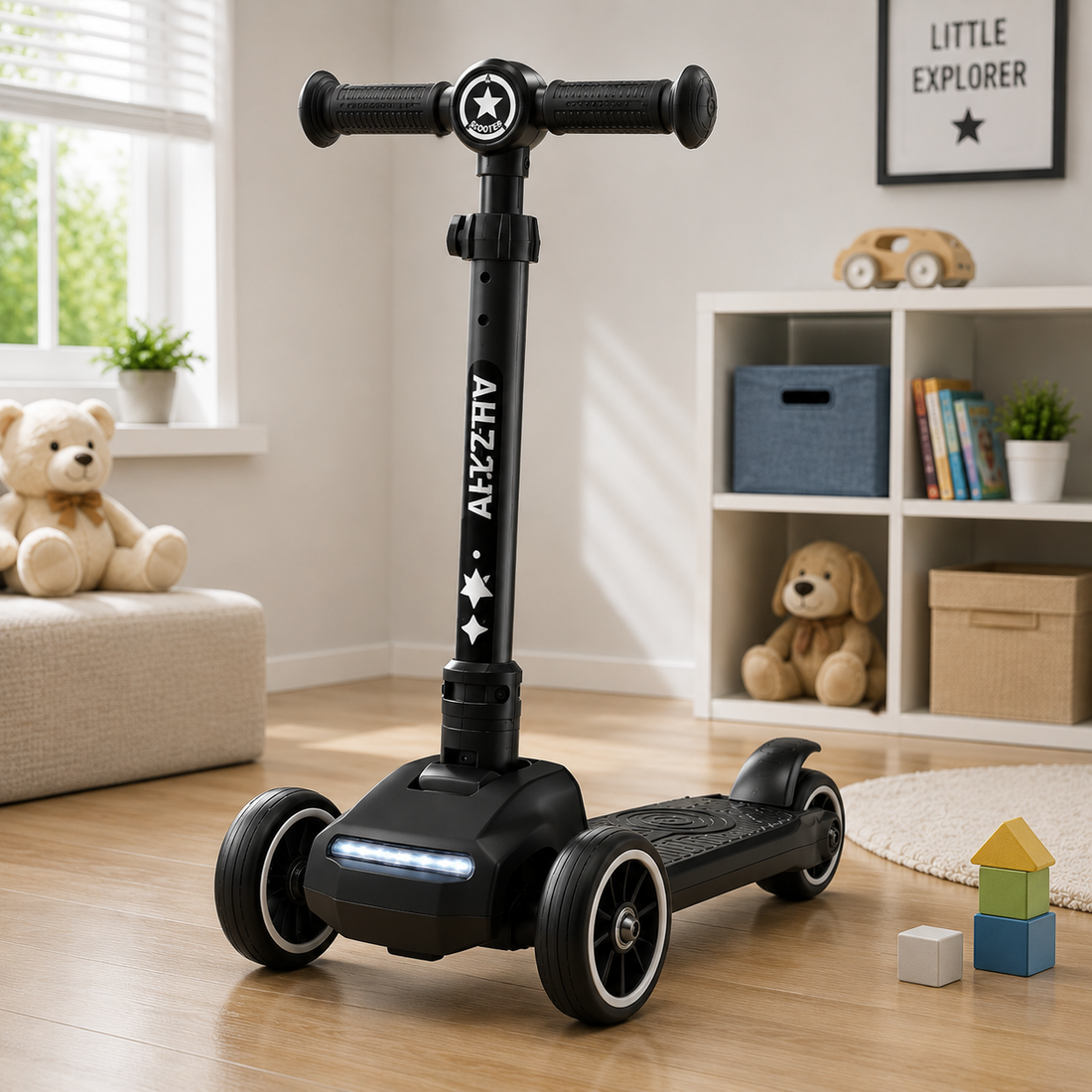 KIDS 3-WHEEL LED FOLDABLE SCOOTER WITH ADJUSTABLE HANDLE - BLACK