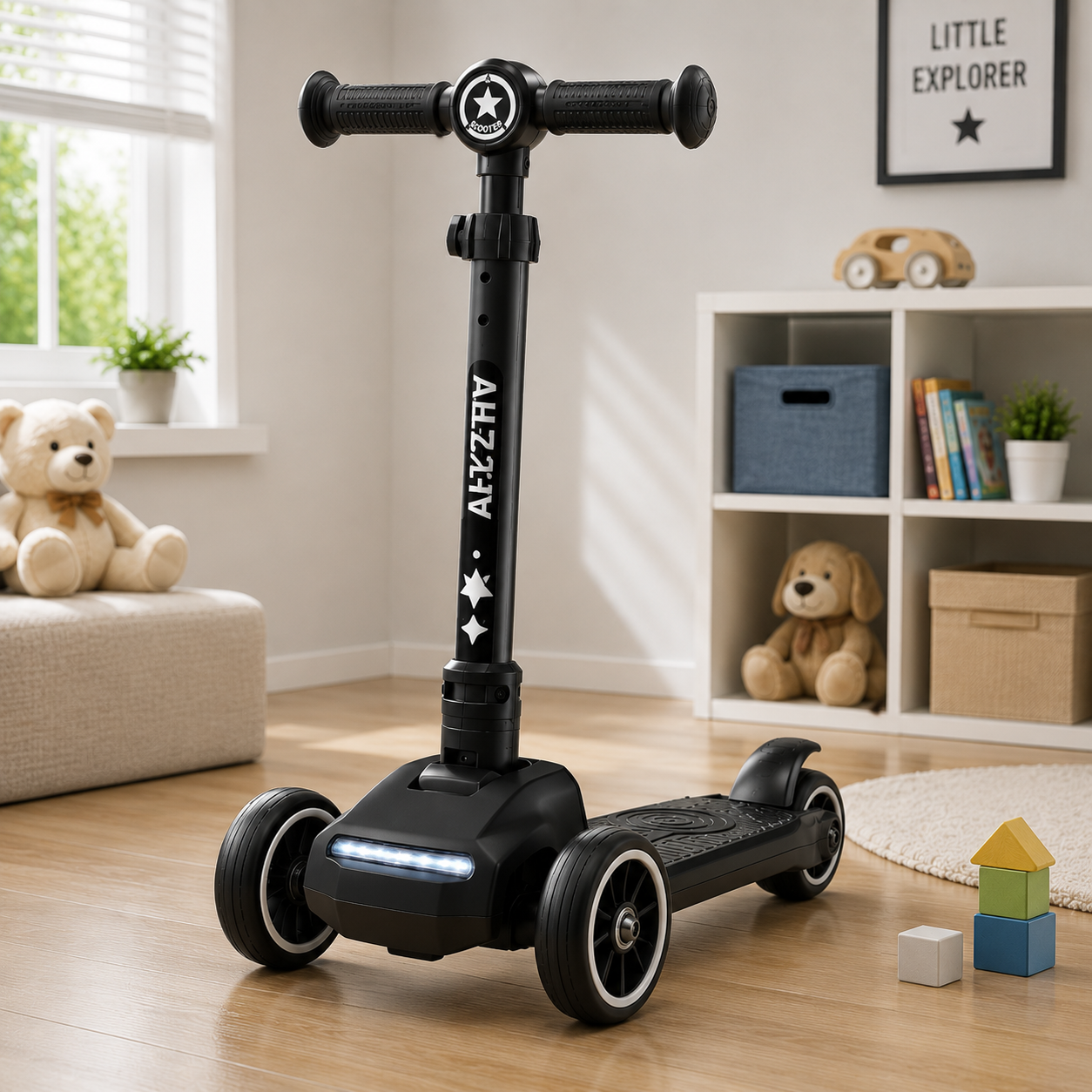 KIDS 3-WHEEL LED FOLDABLE SCOOTER WITH ADJUSTABLE HANDLE - BLACK