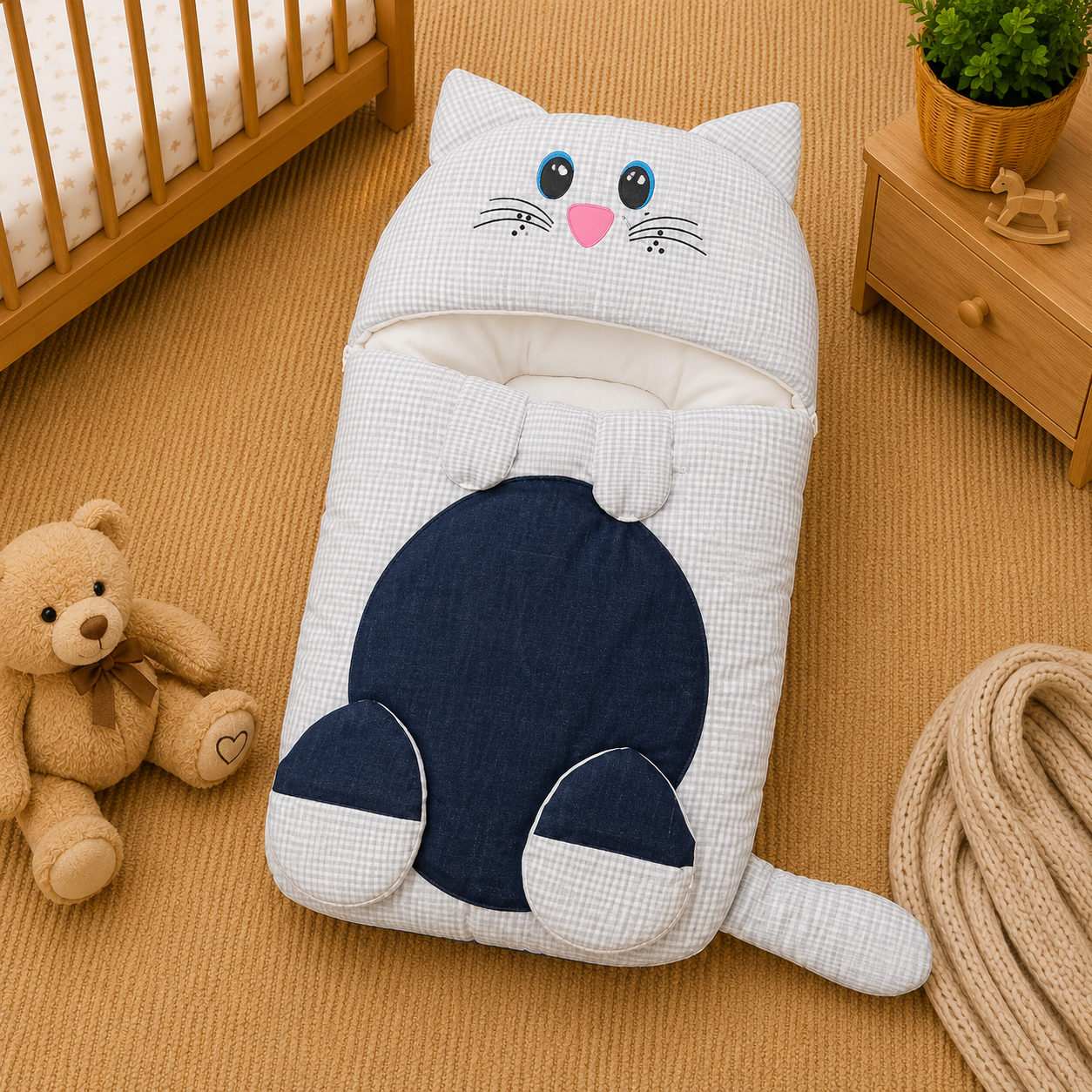 PREMIUM BABY HOODED SLEEPING BAG – CUTE KITTEN DESIGN (WHITE & NAVY BLUE)