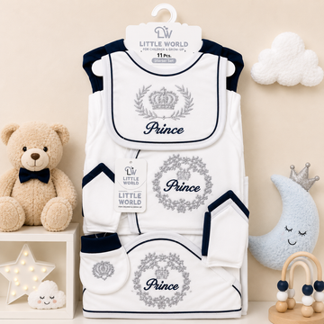 LITTLE WORLD 11 PCS NEWBORN BABY STARTER GIFT SET – PRINCE EMBROIDERED DESIGN (WHITE & NAVY)