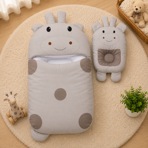 POLKA DOT GIRAFFE DESIGN COTTON POLYESTER BABY SLEEPING BAG WITH MATCHING PILLOW - GREY