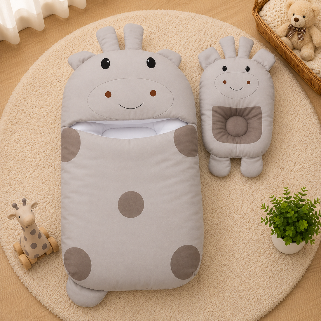 POLKA DOT GIRAFFE DESIGN COTTON POLYESTER BABY SLEEPING BAG WITH MATCHING PILLOW - GREY