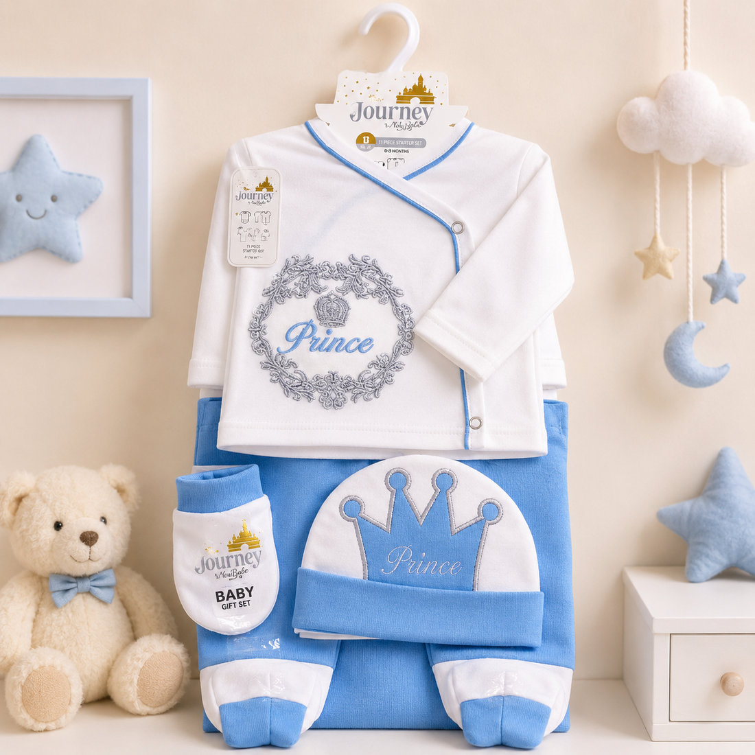 JOURNEY NEWBORN BABY GIFT SET – PRINCE CROWN EMBROIDERED DESIGN (BLUE & WHITE)