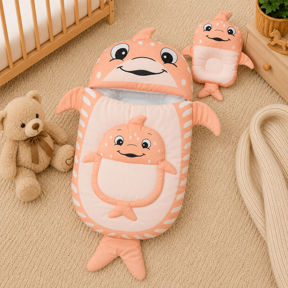 WHALE DESIGN COTTON POLYESTER BABY SLEEPING BAG WITH MATCHING PILLOW - ORANGE