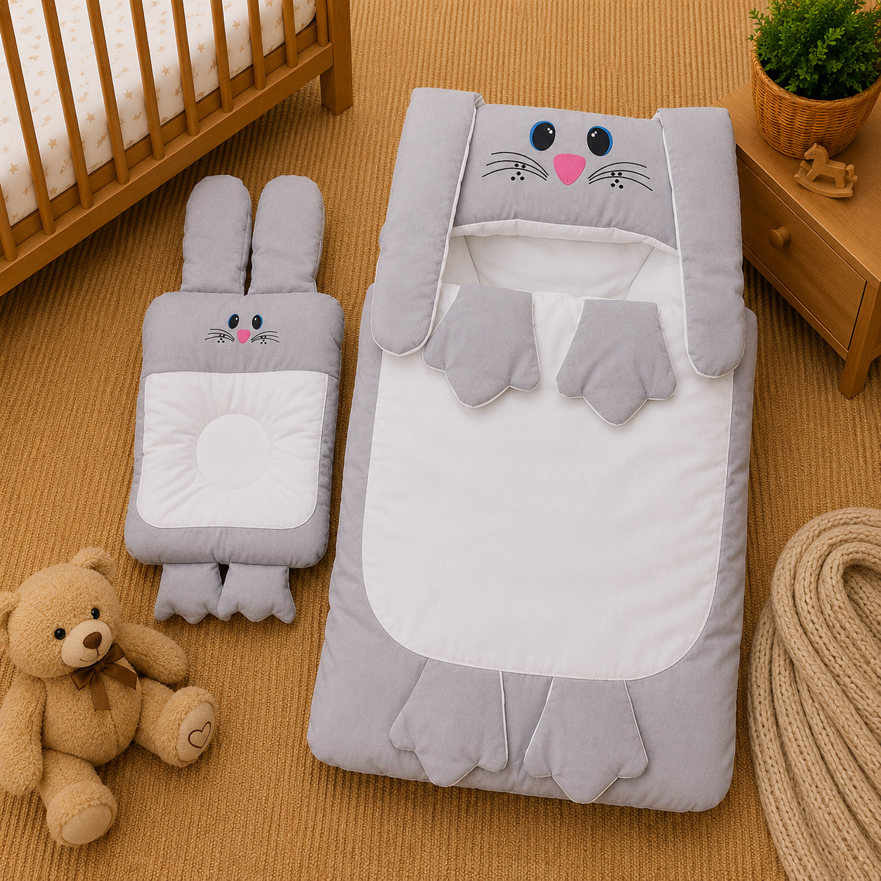PREMIUM BABY HOODED SLEEPING BAG SET – CUTE BUNNY DESIGN (GREY & WHITE)