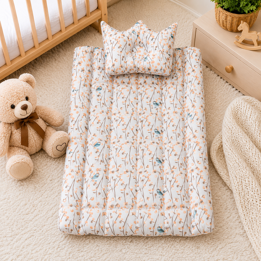 FLORAL PRINT COTTON POLYESTER BABY BEDDING SET WITH CROWN PILLOW
