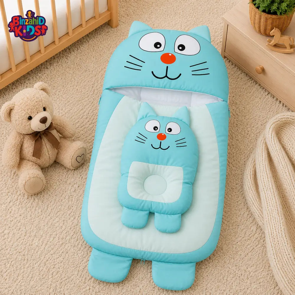 CAT DESIGN COTTON POLYESTER BABY SLEEPING BAG WITH MATCHING PILLOW - BLUE