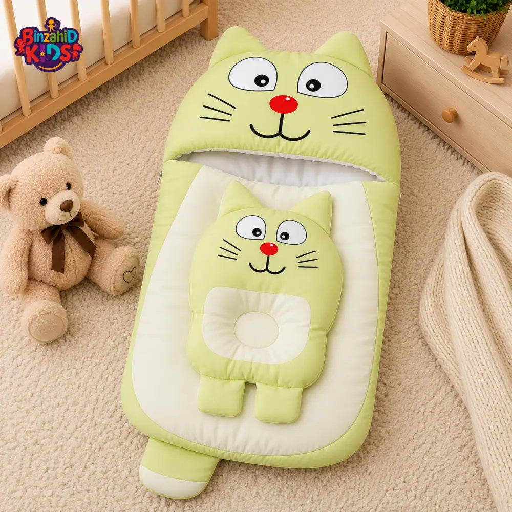 CAT DESIGN COTTON POLYESTER BABY SLEEPING BAG WITH MATCHING PILLOW - GREEN