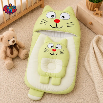 CAT DESIGN COTTON POLYESTER BABY SLEEPING BAG WITH MATCHING PILLOW - GREEN