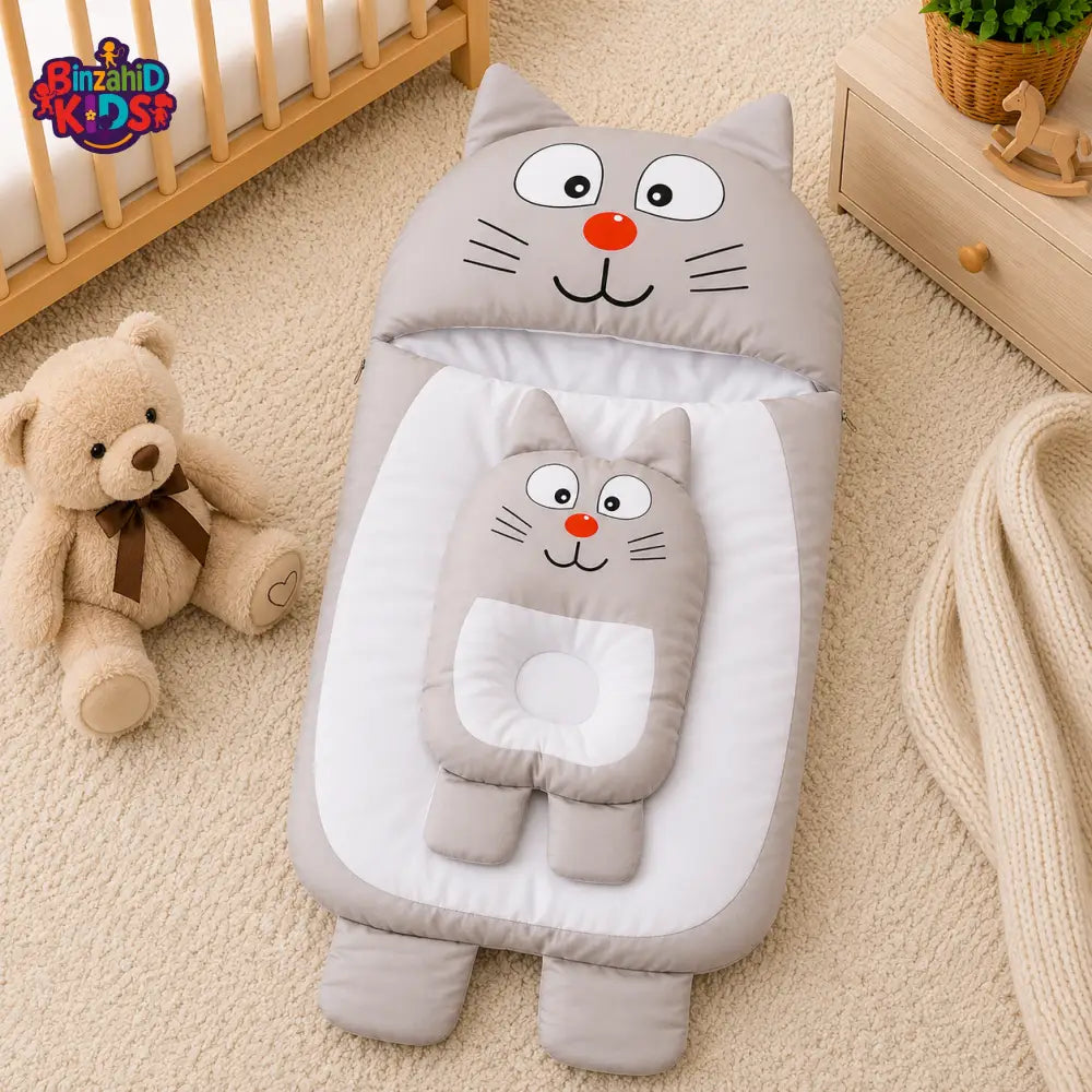 CAT DESIGN COTTON POLYESTER BABY SLEEPING BAG WITH MATCHING PILLOW - GREY
