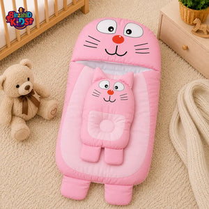 CAT DESIGN COTTON POLYESTER BABY SLEEPING BAG WITH MATCHING PILLOW - PINK