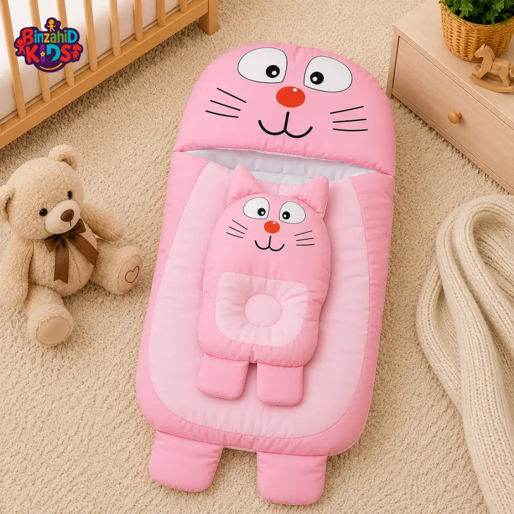 CAT DESIGN COTTON POLYESTER BABY SLEEPING BAG WITH MATCHING PILLOW - PINK