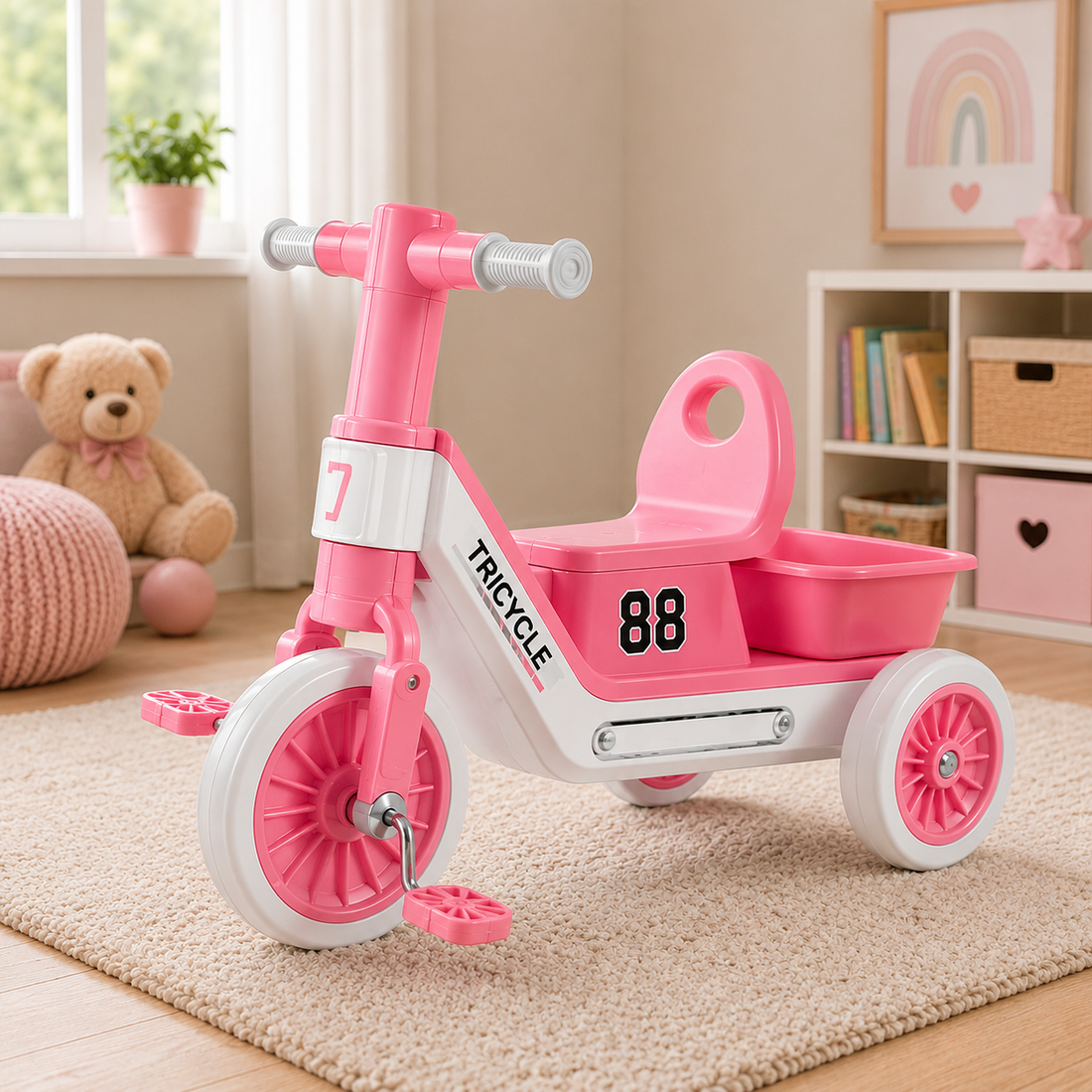 SPORTS STYLE KIDS TRICYCLE WITH STORAGE SEAT - PINK