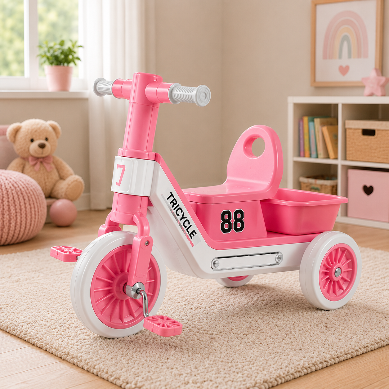 SPORTS STYLE KIDS TRICYCLE WITH STORAGE SEAT - PINK