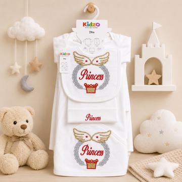 KIDZO 7 PCS NEWBORN BABY GIFT SET – PRINCESS EMBROIDERED DESIGN (WHITE)
