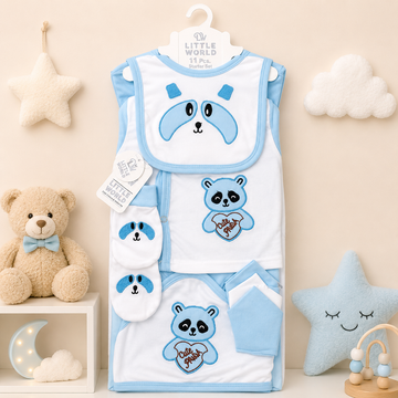 LITTLE WORLD 11 PCS NEWBORN BABY STARTER GIFT SET – PANDA EMBROIDERED DESIGN (BABY BLUE)