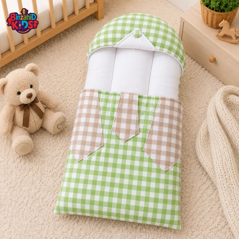 CHECKERED COTTON POLYESTER BABY CARRY NEST WITH SHIRT DESIGN - GREEN