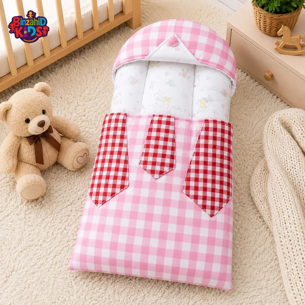 CHECKERED COTTON POLYESTER BABY CARRY NEST WITH SHIRT DESIGN - PINK