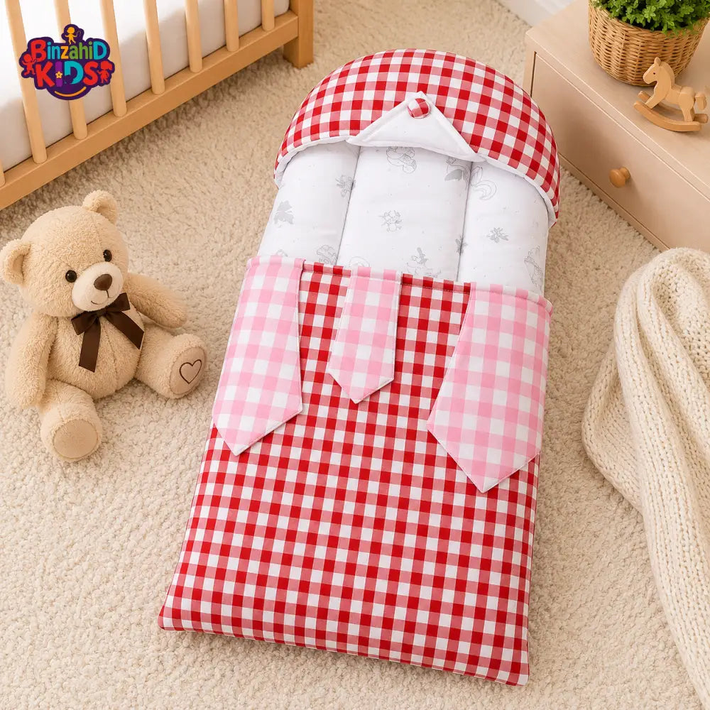CHECKERED COTTON POLYESTER BABY CARRY NEST WITH SHIRT DESIGN - RED