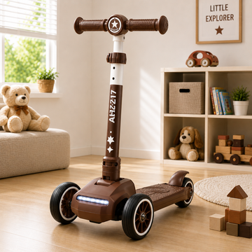 KIDS 3-WHEEL LED FOLDABLE SCOOTER WITH ADJUSTABLE HANDLE - BROWN