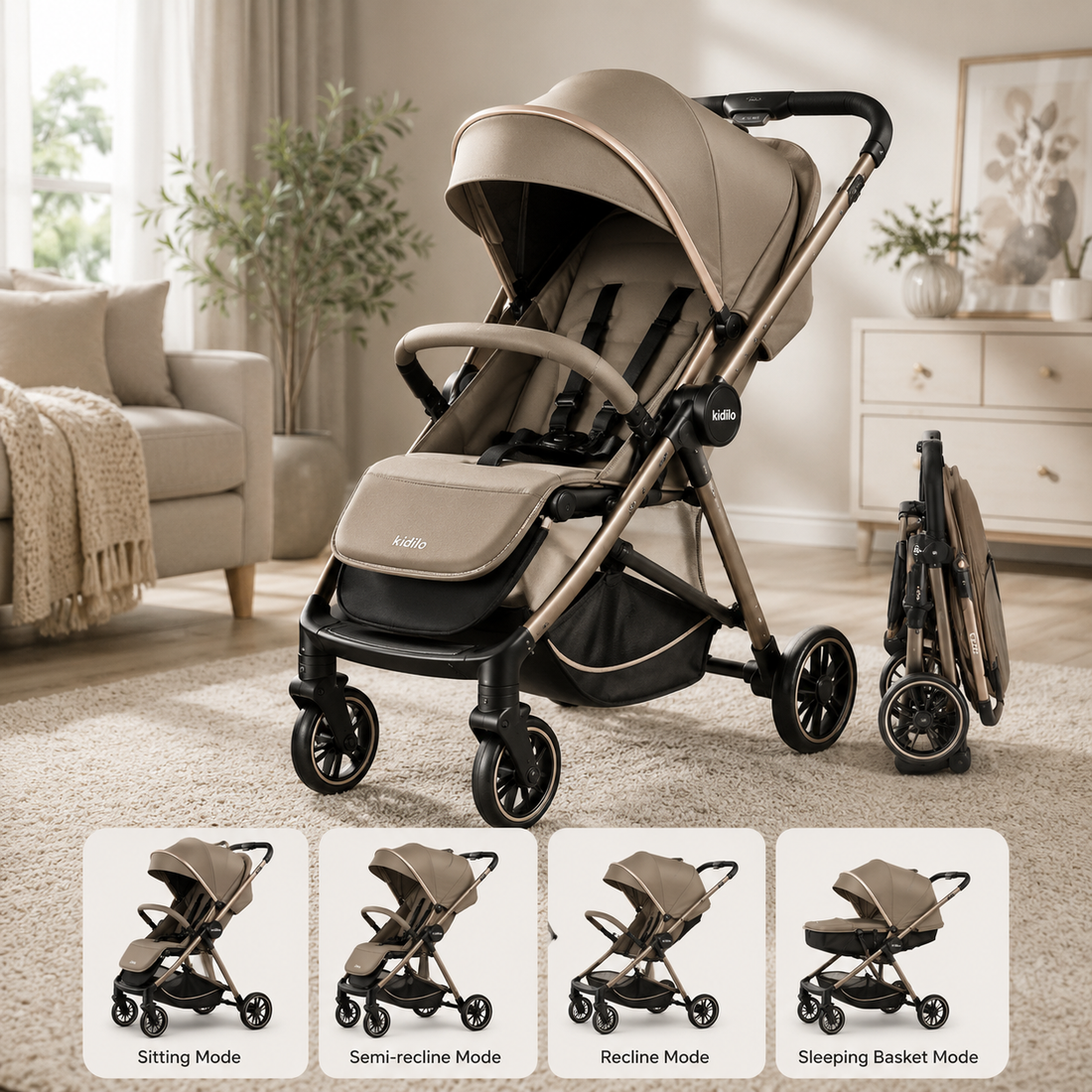 PREMIUM REVERSIBLE BABY STROLLER - KHAKI