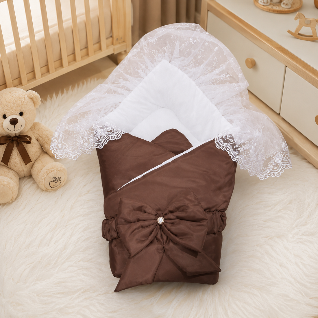 SATIN POLYESTER BABY CARRY NEST WITH LACE CANOPY - BROWN