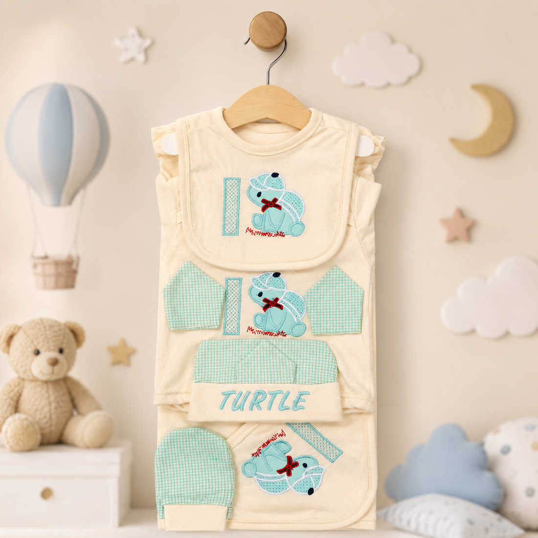LITTLE WORLD 12 PCS NEWBORN BABY STARTER GIFT SET – TURTLE EMBROIDERED DESIGN (CREAM & MINT GREEN)
