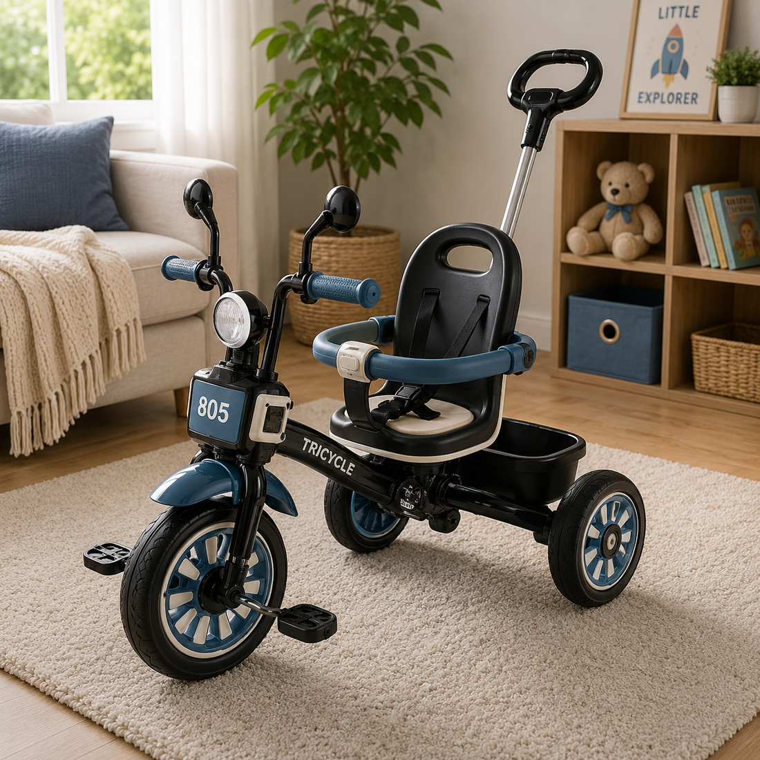 PREMIUM KIDS PEDAL TRICYCLE WITH CANOPY HANDLE - BLUE