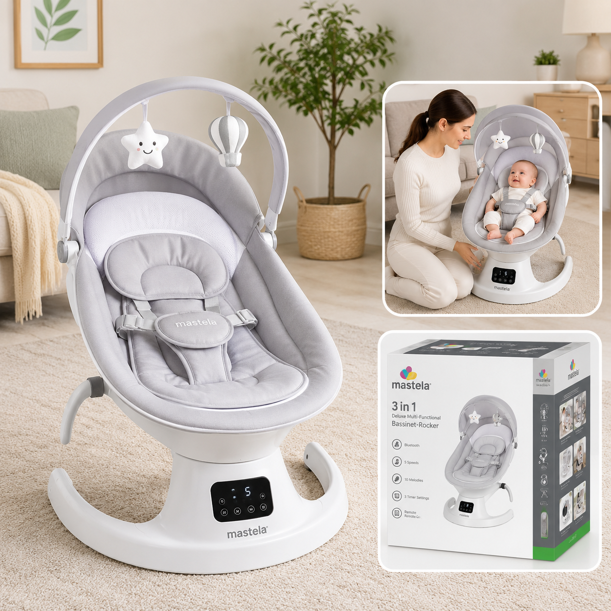 MASTELA 3-IN-1 ELECTRIC BABY BASSINET ROCKER - GREY