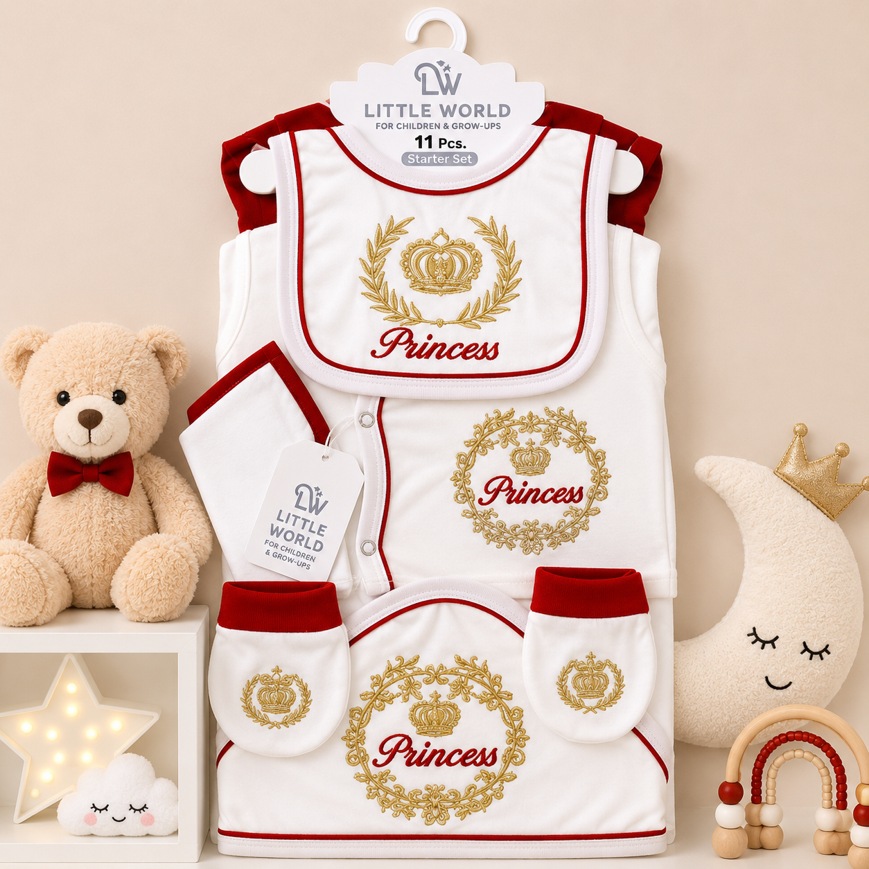 LITTLE WORLD 11 PCS NEWBORN BABY STARTER GIFT SET – PRINCESS EMBROIDERED DESIGN (RED & WHITE)