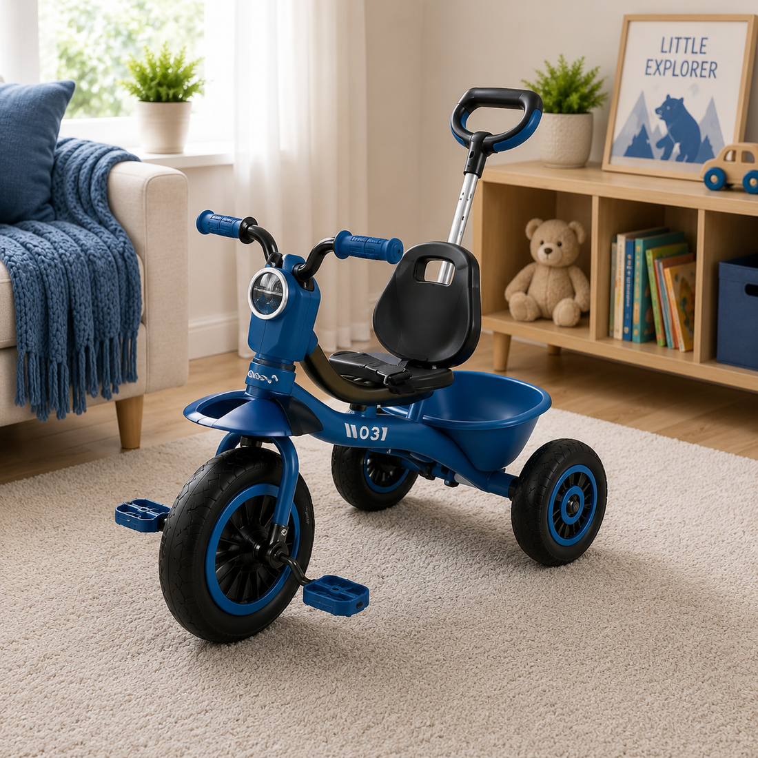 KIDS PEDAL TRICYCLE WITH STORAGE BASKET - BLUE