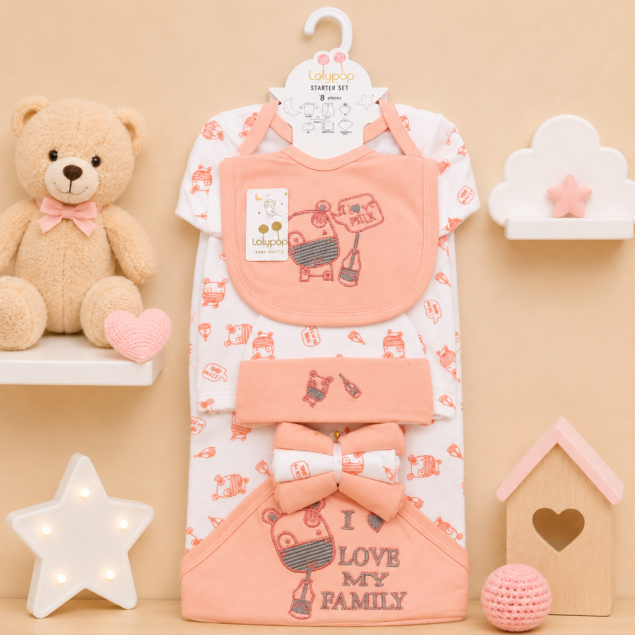 LOLYPOP 9 PCS NEWBORN BABY STARTER GIFT SET – I LOVE MY FAMILY EMBROIDERED DESIGN (PEACH)