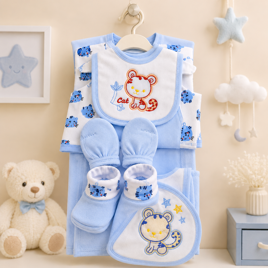 7 PCS NEWBORN BABY GIFT SET – CUTE KITTEN EMBROIDERED DESIGN (BLUE)