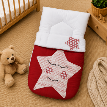 PREMIUM BABY HOODED SLEEPING BAG – STAR PATCHWORK DESIGN (RED & WHITE)