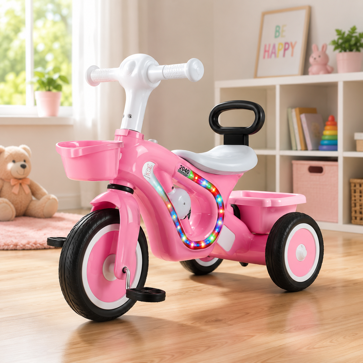 MUSICAL KIDS TRICYCLE WITH STORAGE BASKET - PINK