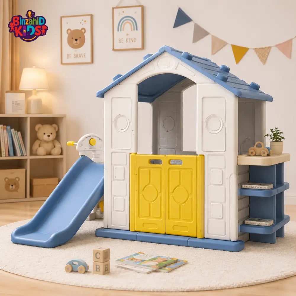 DELUXE KIDS PLAYHOUSE WITH SLIDE AND STORAGE SHELVES