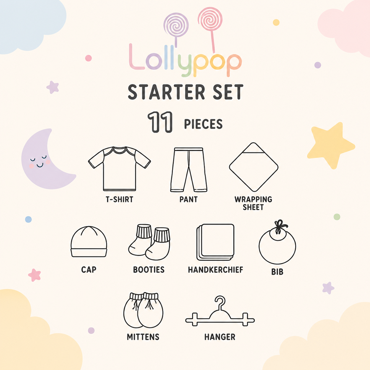 LOLYPOP 11 PCS NEWBORN BABY STARTER GIFT SET – HELLO LITTLE ONE DESIGN (WHITE)