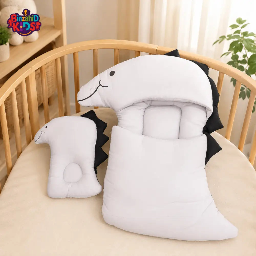 DINOSAUR DESIGN COTTON POLYESTER BABY SLEEPING BAG WITH MATCHING PILLOW - WHITE