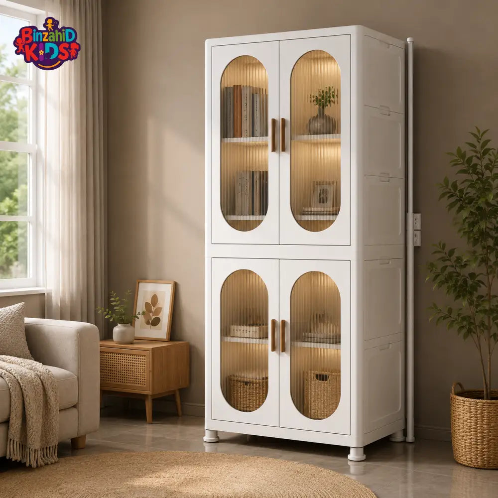 DOUBLE DOOR BABY STORAGE WARDROBE CABINET WITH TRANSPARENT PANELS AND LARGE CAPACITY STORAGE