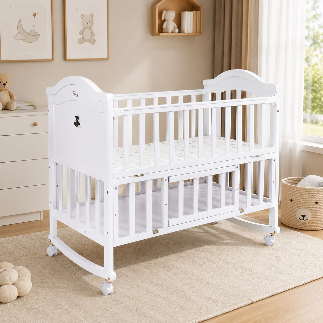 TINNIES WOODEN BABY COT WITH STORAGE – WHITE