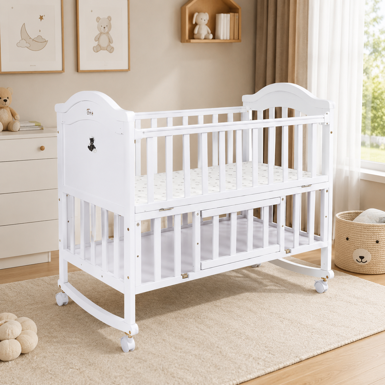 TINNIES WOODEN BABY COT WITH STORAGE – WHITE