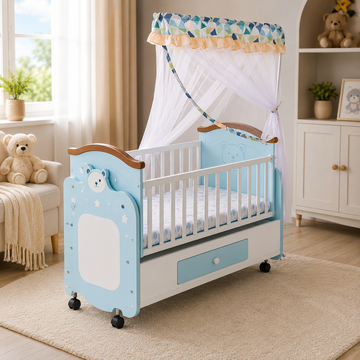 BABY WOODEN CRIB WITH MOSQUITO NET AND STORAGE - BLUE