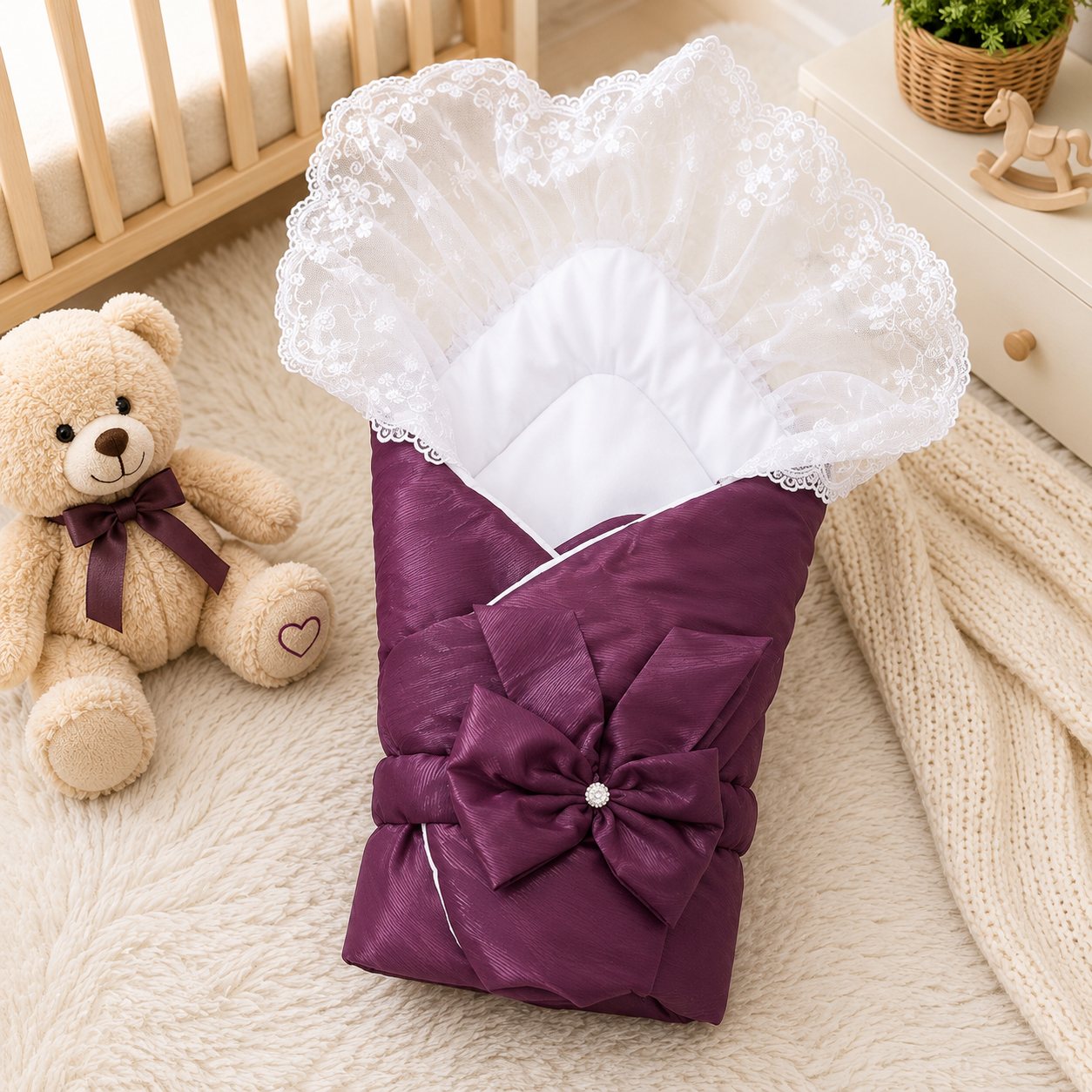 SATIN POLYESTER BABY CARRY NEST WITH LACE CANOPY - VIOLET