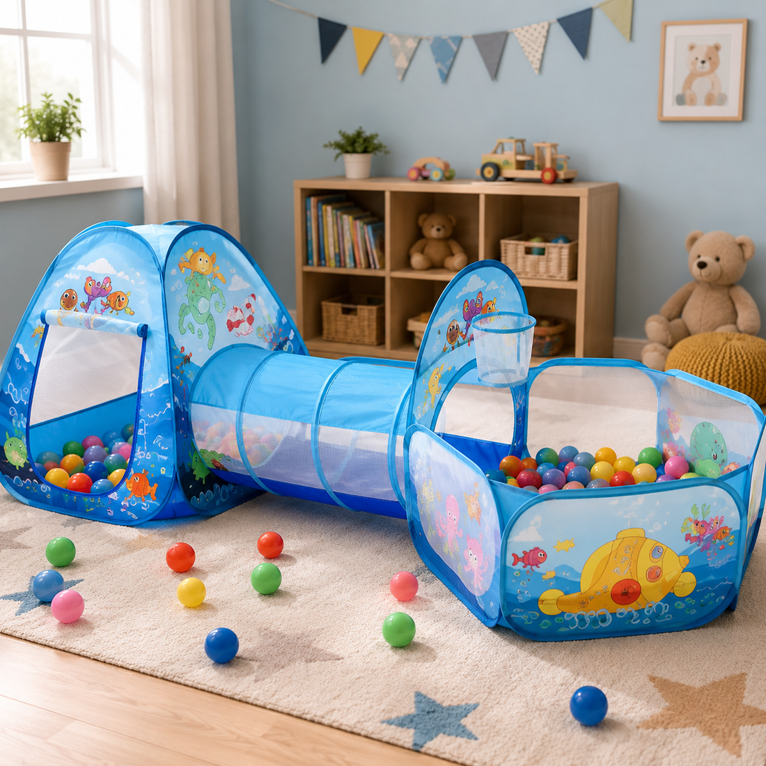 OCEAN THEME KIDS PLAY TENT WITH BALL PIT & TUNNEL
