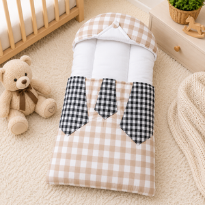 CHECKERED COTTON POLYESTER BABY CARRY NEST WITH SHIRT DESIGN - BROWN