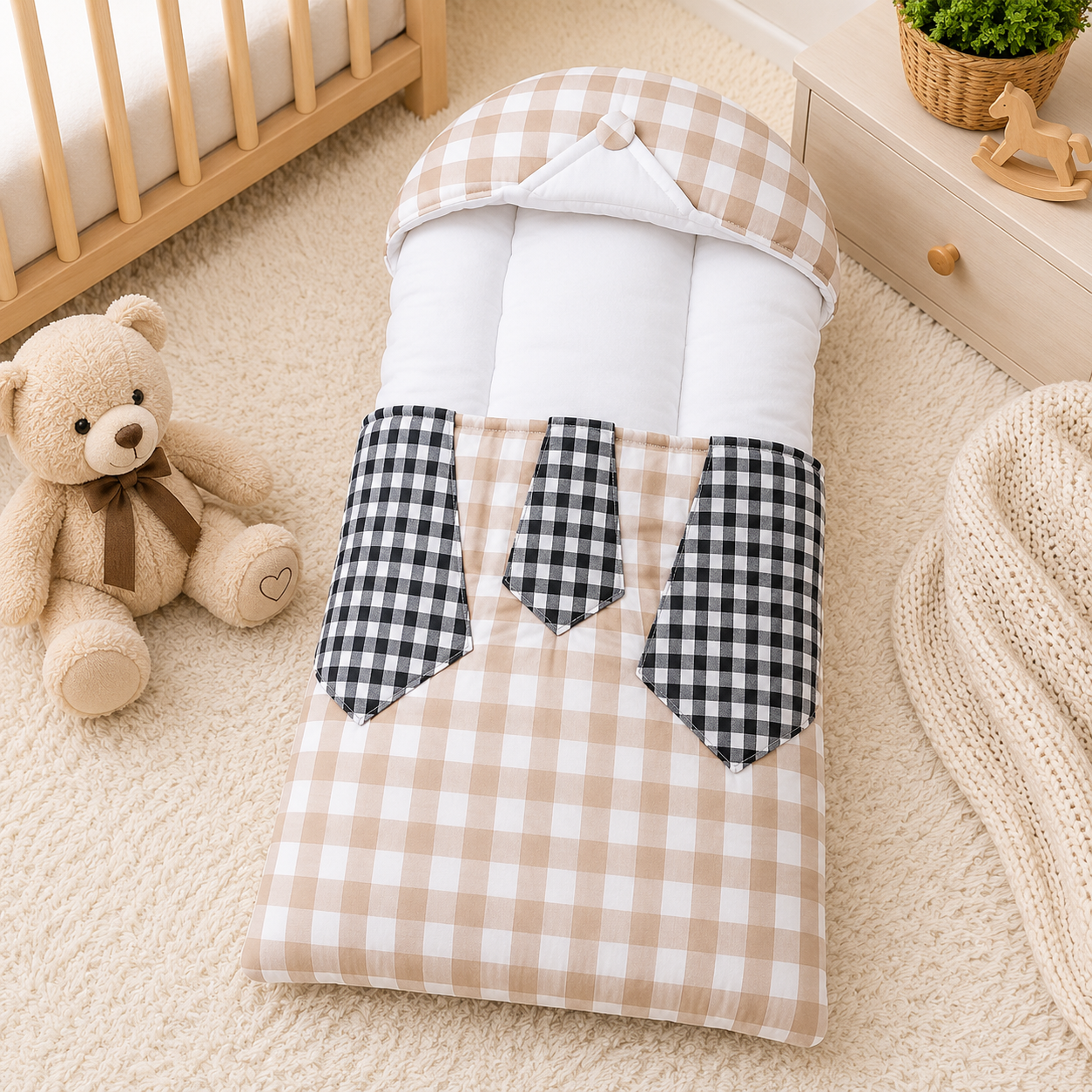 CHECKERED COTTON POLYESTER BABY CARRY NEST WITH SHIRT DESIGN - BROWN