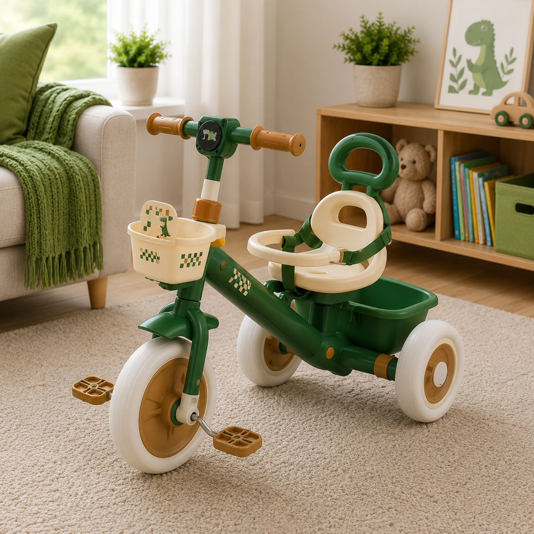 MULTIFUNCTIONAL BABY TRICYCLE WITH SAFETY RAIL - GREEN