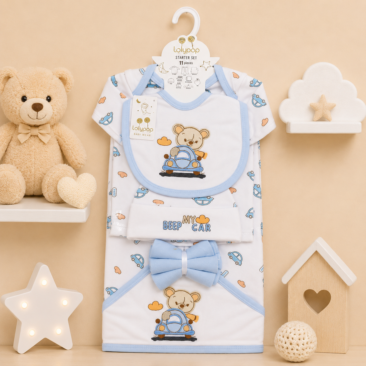 LOLYPOP 11 PCS NEWBORN BABY STARTER GIFT SET – TEDDY BEAR CAR EMBROIDERED DESIGN (BABY BLUE)