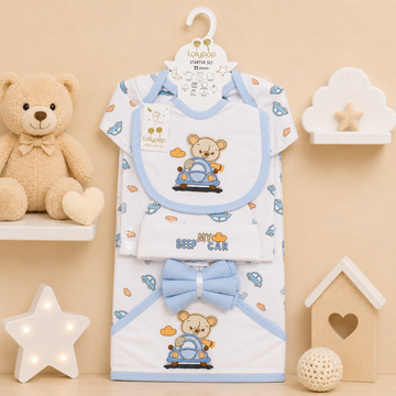 LOLYPOP 11 PCS NEWBORN BABY STARTER GIFT SET – TEDDY BEAR CAR EMBROIDERED DESIGN (BABY BLUE)